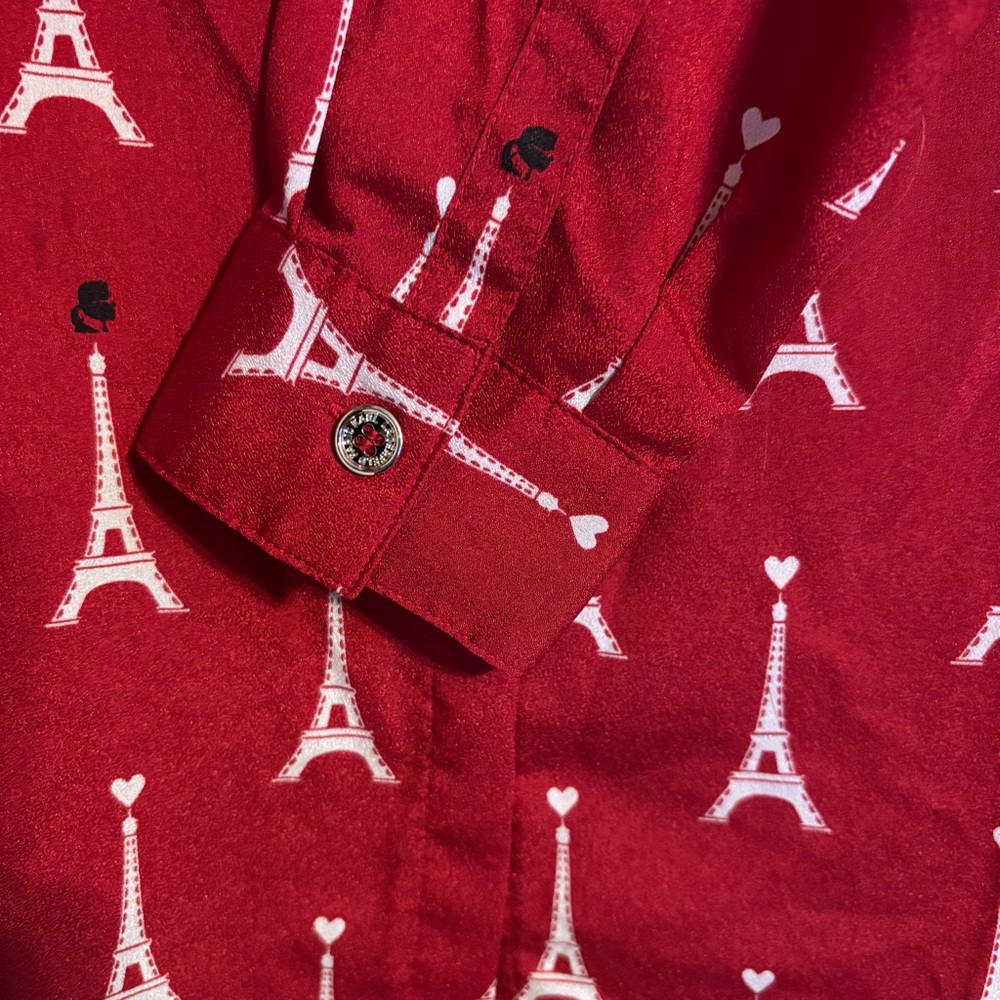 Karl Lagerfeld Red Eiffel Tower Print Button Down Shirt Women’s Sz Medium - Picture 2 of 8